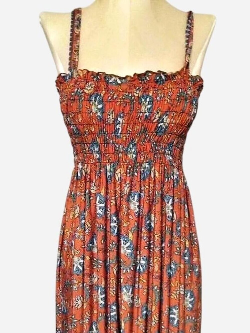 Source Unknown Rust Floral Smocked Midi Dress with Border Print - Picture 2 of 5